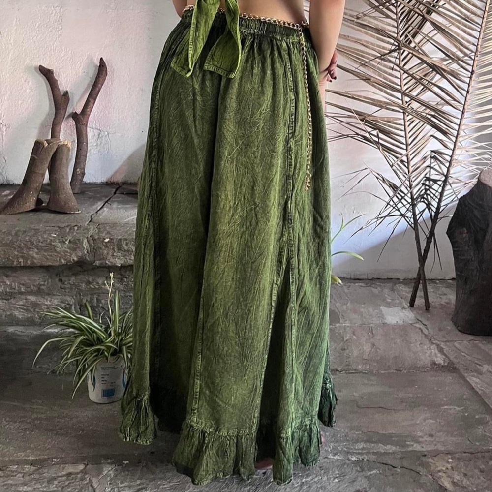 Green Vintage Vibe Embroidered Maxi Skirt Cottage Fairy Core Bohemian Skirt - Picture 5 of 7